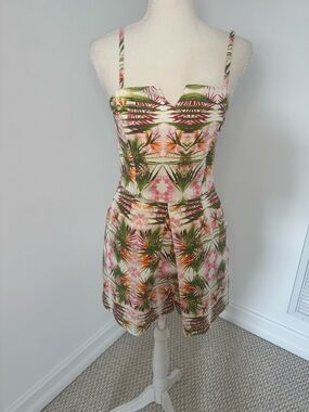 Tropical Print Spaghetti Strap Romper - Pink & Green